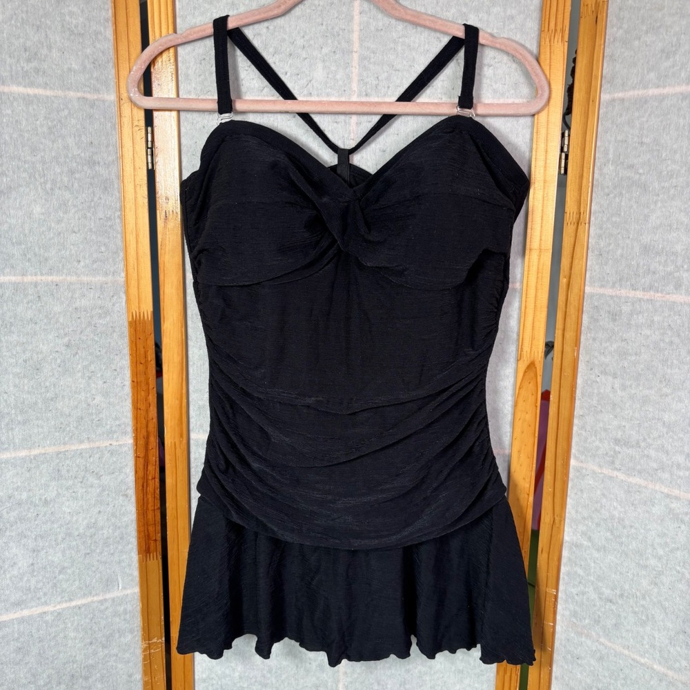 White Stag Swim Dress 2X 18W/20W Black Ruched Skirted One Piece Swimsuit